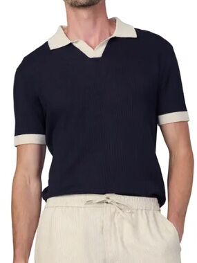 Joe’s Jeans Organic Cotton Linen Knit Johnny Collar Polo Shirt Navy Contrast L